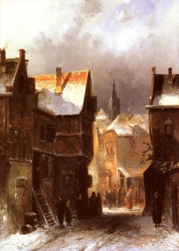  winter Oil Painting - A Dutch Town In Winter landscape Charles Leickert
